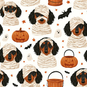 Playful dachshund puppy faces wrapped in cute mummy bandages with Halloween pumpkin, ghost, and bat decorations