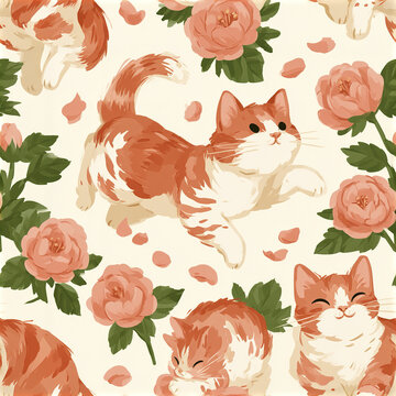 Playful ginger cat with white fur and pink rose flowers with green leaves pattern seamless background