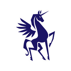 Minimalist mythical beast emblem, Blue pegasus unicorn fusion logo vector template © Macholicious