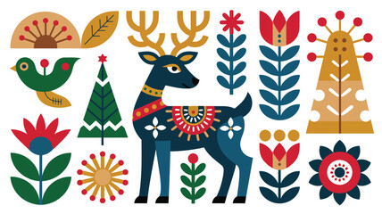 Fototapeta premium Folk art style christmas illustration with a decorative reindeer, stylized trees, and floral elements