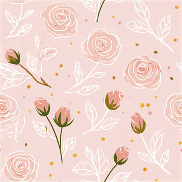 Playful rose pattern featuring small smiling flower outlines on soft pink background with scattered dots for cheerful design