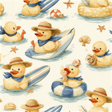 Playful seaside nursery seamless pattern featuring cute ducklings with hats, float rings, seashells, and starfish soft