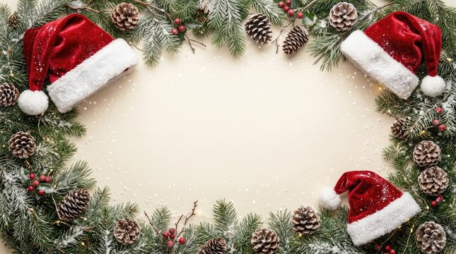 Festive christmas background featuring a frame of evergreen branches pine cones and three red santa hats with copy space