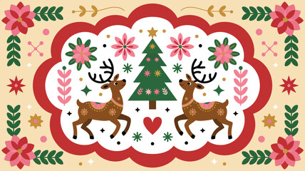 Fototapeta premium Christmas pattern with cute reindeer and decorated fir tree, folk art style illustration for holiday greeting cards and festive winter season decoration