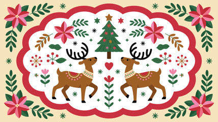 Fototapeta premium Christmas pattern with cute reindeer and decorated fir tree, folk art style illustration with poinsettia flowers and festive elements for holiday design