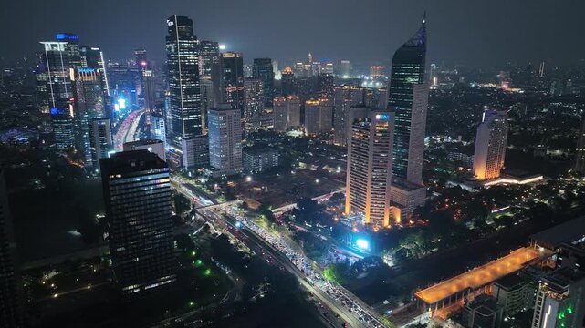 Aerial view of city skyline of Jakarta downtown, Indoensia in the night