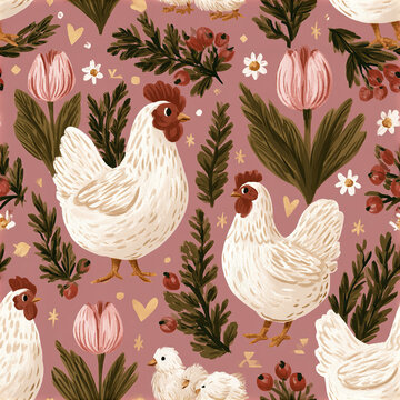 Retro farmhouse chicken seamless pattern with white hen, tulip flower, green leaves, and red berries on pink background