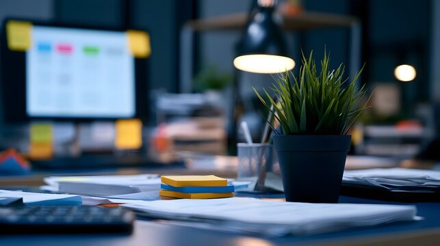A modern office desk setup featuring a potted plant  sticky notes  and a computer screen displaying a project management dashboard