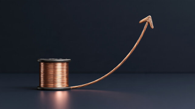 Copper wire spool with loose end forming upward arrow on dark background