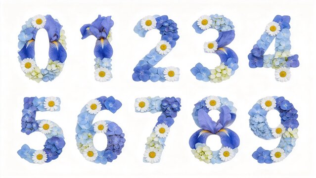 Zero to nine numbers made of fresh flowers, floral digits set with blue hydrangea iris daisy, flower font on white background for wedding and spring graphic design