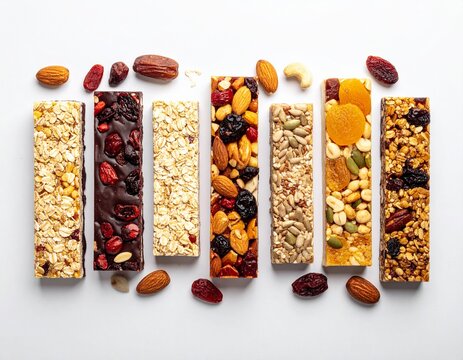 Variety of homemade energy bars with nuts, oats, dates, dark chocolate, dried berries, and seeds, neatly arranged on an empty background.