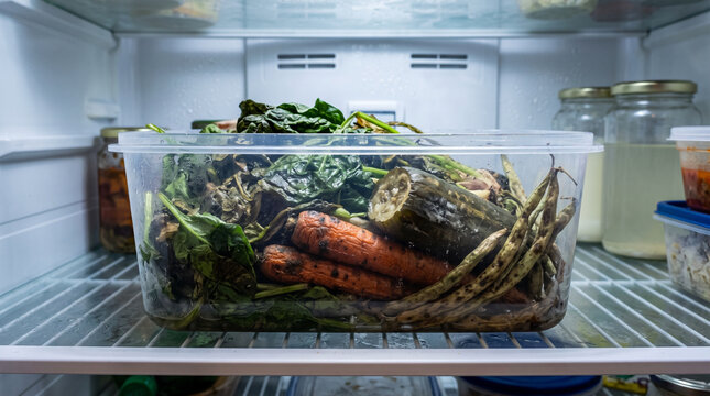 Aging vegetables stored inside a transparent container in a refrigerator, including leafy greens, carrots, zucchini, and other deteriorating produce.