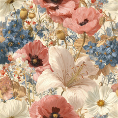 Obraz premium Romantic botanical seamless pattern with oversized blush pink poppy, white lily, blue and cream flowers creating soft vintage