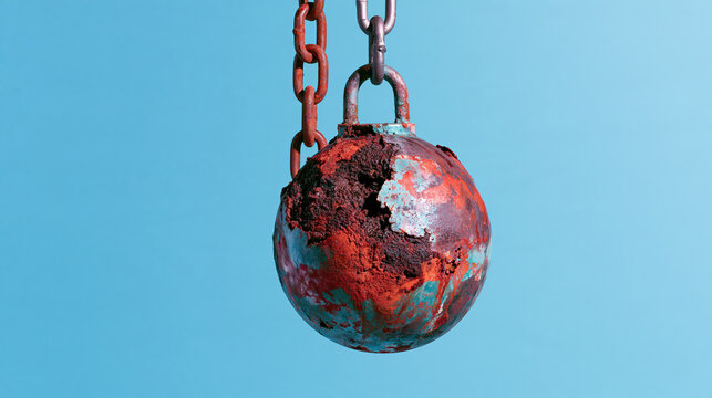 Tarnished wrecking ball with rusty chain against solid blue backdrop