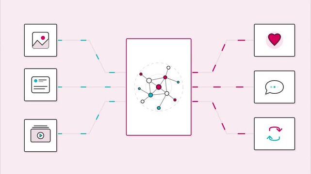Social media algorithm networking infographic data flow analysis system flat minimal design clean illustration digital marketing strategy presentation