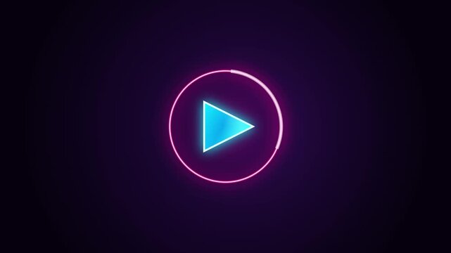 Glowing neon play button icon with a vibrant blue triangle inside a pink circle on a dark background