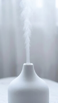 Mindfulness practice with white ceramic diffuser releasing soft vapor in calm minimalist interior