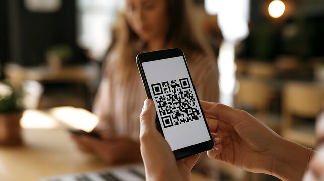 A person holds a smartphone displaying a QR code  with another person blurred in the background in a caf  setting