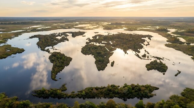 Aerial view of a natural wetland landscape forming the shape of the world map during a golden sunset.