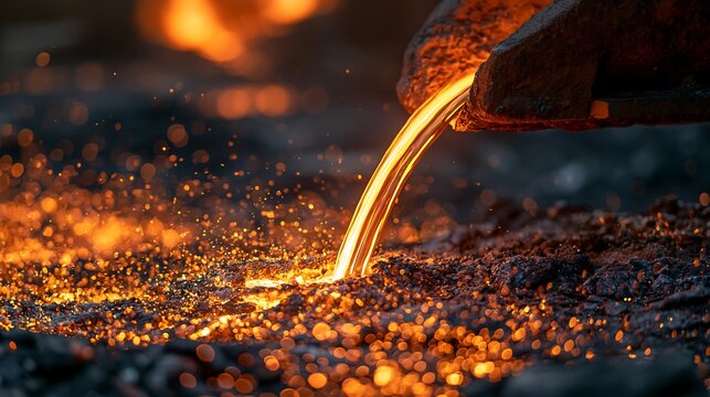 Molten metal pours from a ladle isolated on transparent background. Industrial metallurgy and manufacturing concept for heavy engineering and production design projects.