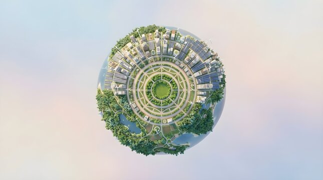 A top view of a futuristic circular eco city globe featuring sustainable architecture, green parks, and renewable energy technologies in a clean environment.