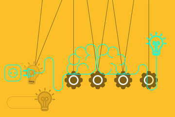 Conceptual illustration of a human brain connected to gears and light bulbs on a yellow background © ABDUL