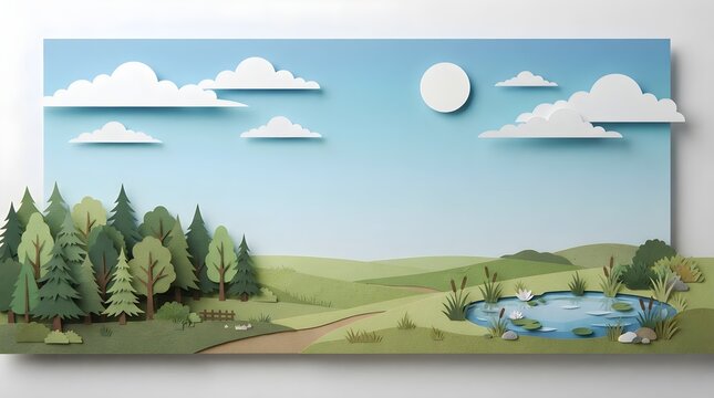Layered papercut artwork depicting a serene natural landscape with lush green forests, rolling hills, a tranquil pond, and fluffy clouds under a bright blue sky.