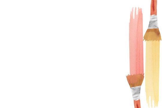 Watercolor two paint brushes  and painted yellow and red lines