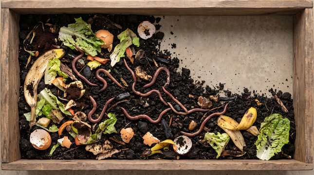 Organic Vermicompost Soil Enrichment Process Featuring Earthworms and Decomposing Food Scraps in Wooden Container