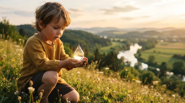 A young child lovingly holds a glowing water drop shape in hands, squatting on a hill overlooking a serene natural river landscape at sunset.