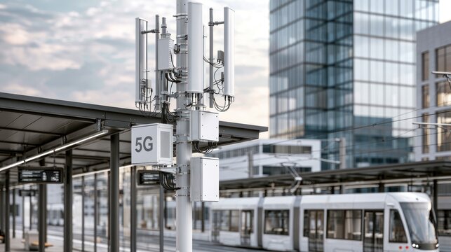 Cellular tower with 5 g label and modern city background