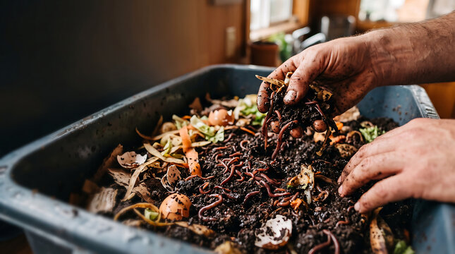 Indoor vermicompost bin recycling organic kitchen scraps into nutrient rich soil with earthworms
