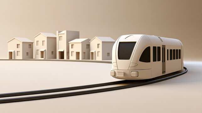 Unbranded train on curved track beside miniature house model in transport connectivity concept with clean modern design