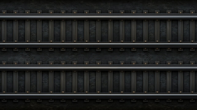 Top view of parallel subway track with dark steel rail, wooden sleeper, and textured ballast, creating symmetrical industrial transport pattern
