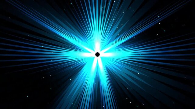 Cyan blue light rays bursting from center, glowing energy star with radial light beams, cinematic motion background for sci-fi and tech visuals