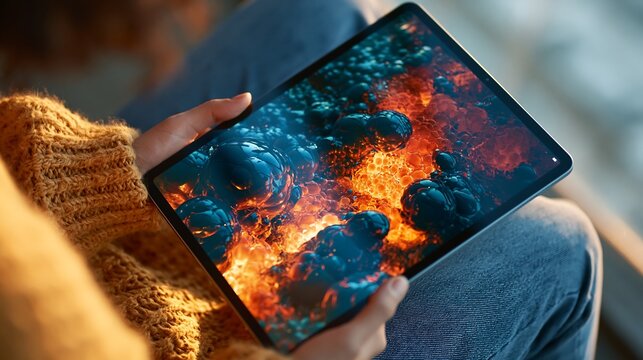A person holds a tablet with glowing abstract spheres isolated on transparent background. Useful for technology, digital art, or creative software interface concept projects.