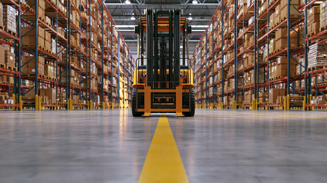 Warehouse forklift safety concept featuring large industrial forklift between tall storage racks, with clear yellow aisle line