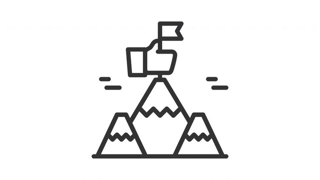 Success concept icon showing hand holding flag on mountain peak