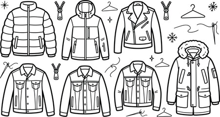 Winter Outerwear Jacket Collection With Puffer Parka And Denim Coat Outline Vector Set © Rokeya