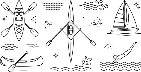 Water Sports Kayak Canoe Rowing Boat And Sailboat Outline Vector Icon Set © Rokeya