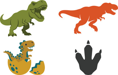 Tyrannosaurus Rex Dinosaur Silhouette And Cute Baby Hatching Egg Flat Vector Icon Set © Rokeya