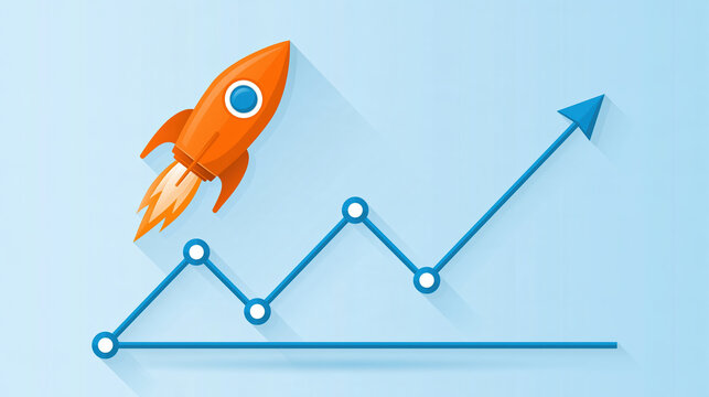 Startup growth concept with orange rocket and rising blue arrow chart, expressing ambition, progress, acceleration, and business success