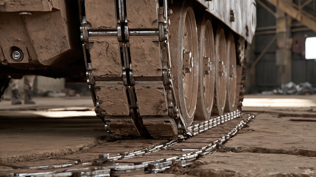Close up of tank wheels and chain drive in repair workshop, showing rugged metal machinery and industrial maintenance detail