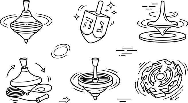 Spinning top toy line art icon set for traditional kids game graphic designs