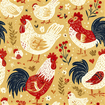 Scandinavian folk chicken pattern with stylized rooster and hen in warm colors creating charming rustic design