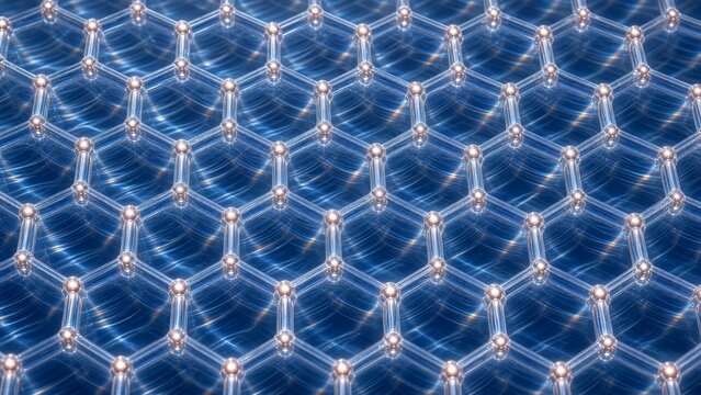 Blue and bronze atomic lattice abstract background with hexagonal molecular grid and futuristic structure