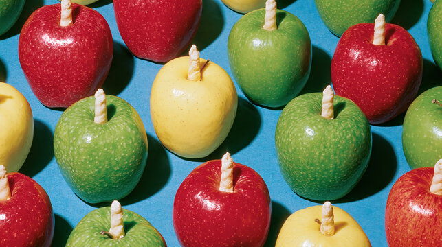 Apple candle fruit arrangement colorful apple red apple green apple yellow apple blue background food pattern