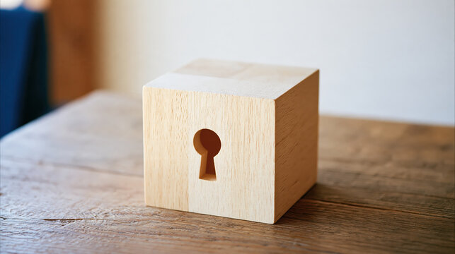Wooden cube with keyhole symbol on rustic table representing information security and privacy protection concept