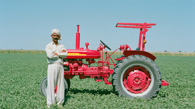 Confident farmer standing beside red tractor in green crop field under clear sky
