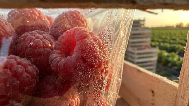 Fresh raspberries in plastic clamshell at sunrise